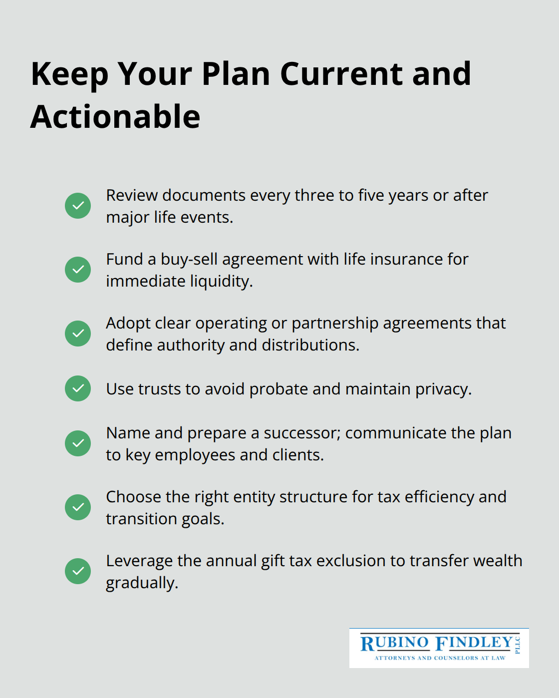 Checklist of maintenance steps for a durable business estate plan. - Florida business estate planning