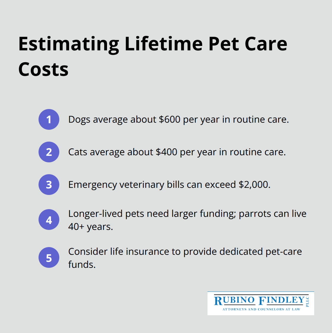 Compact list summarizing typical annual costs and contingency planning for pet trusts. - Florida pet trusts