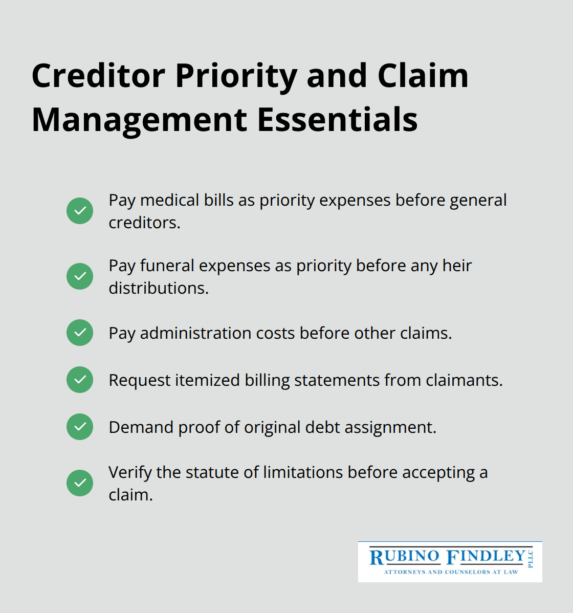 Checklist summarizing priority payments and documentation steps for handling creditor claims in Florida probate.