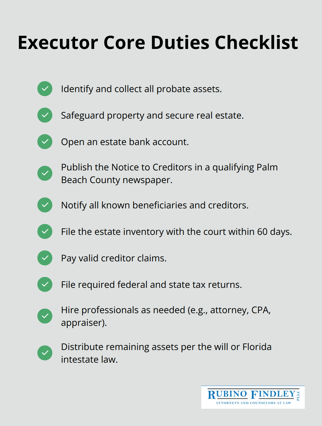 Checklist of the primary responsibilities of a Florida personal representative.