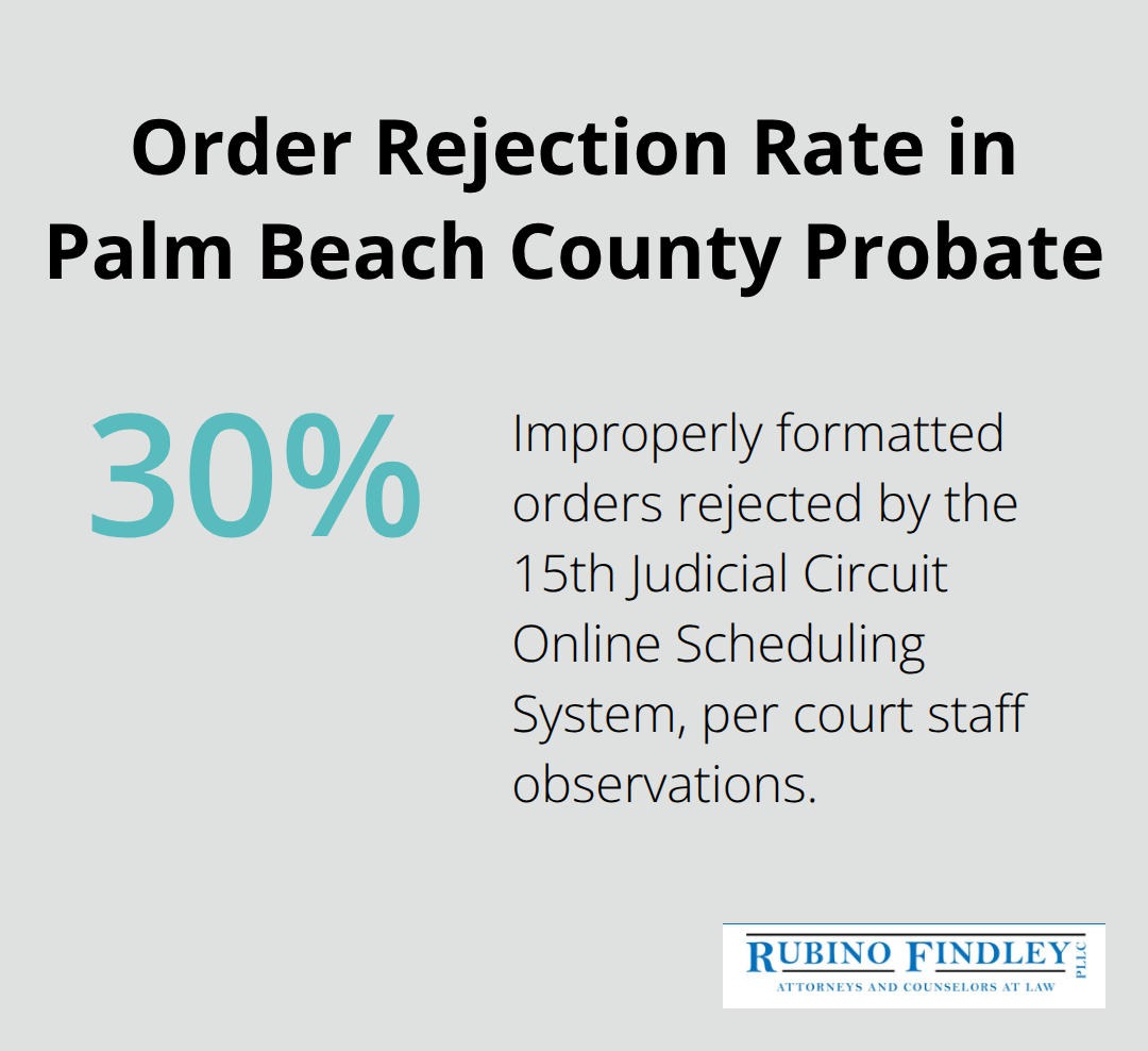 Percentage of improperly formatted probate orders rejected by the online system. - Florida probate timeline overview