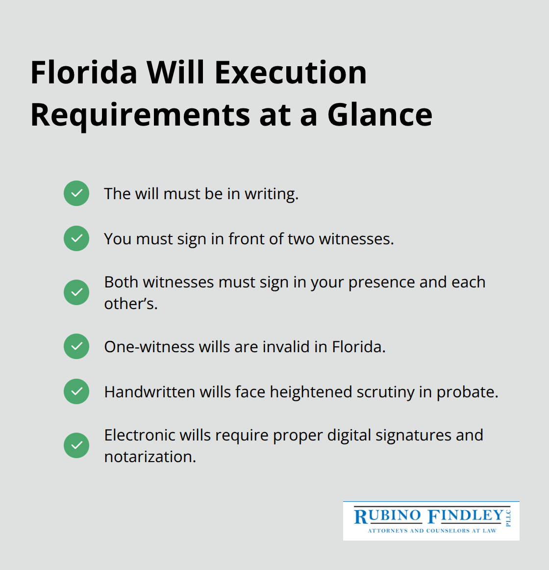 Checklist of Florida’s legal formalities to make a will valid. - Florida will drafting tips
