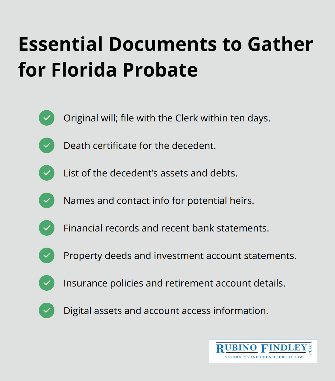 Checklist of must-have documents and information for initiating Florida probate