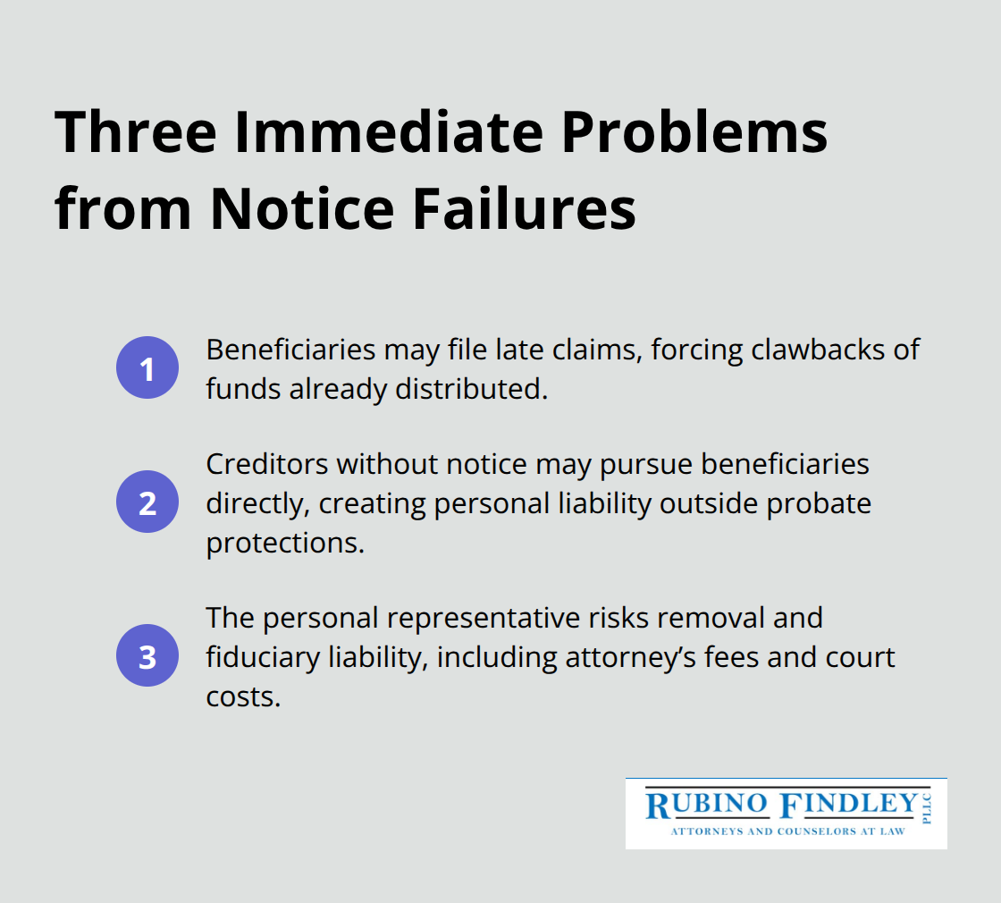 Compact list of the three immediate problems that occur when probate notice is missed or incomplete