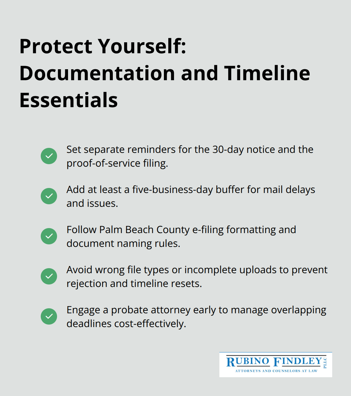 Checkmark list of key steps to manage probate notice timelines and documentation in Palm Beach County - Probate notice requirements
