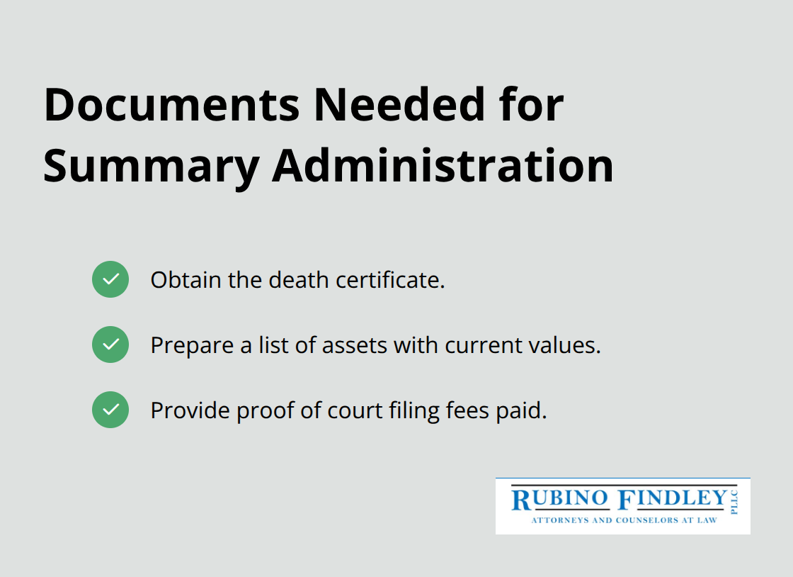 Checklist of documents typically required to file for summary administration in Florida