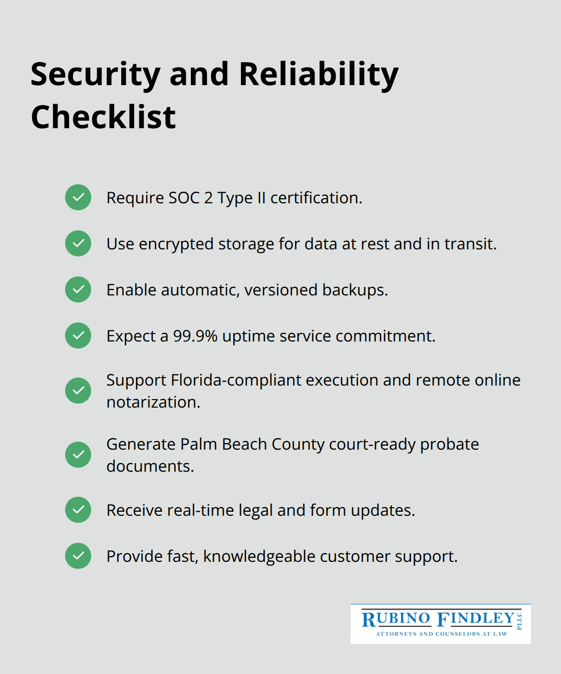 Checklist of essential security features and reliability standards for estate planning software - adapt estate planning software