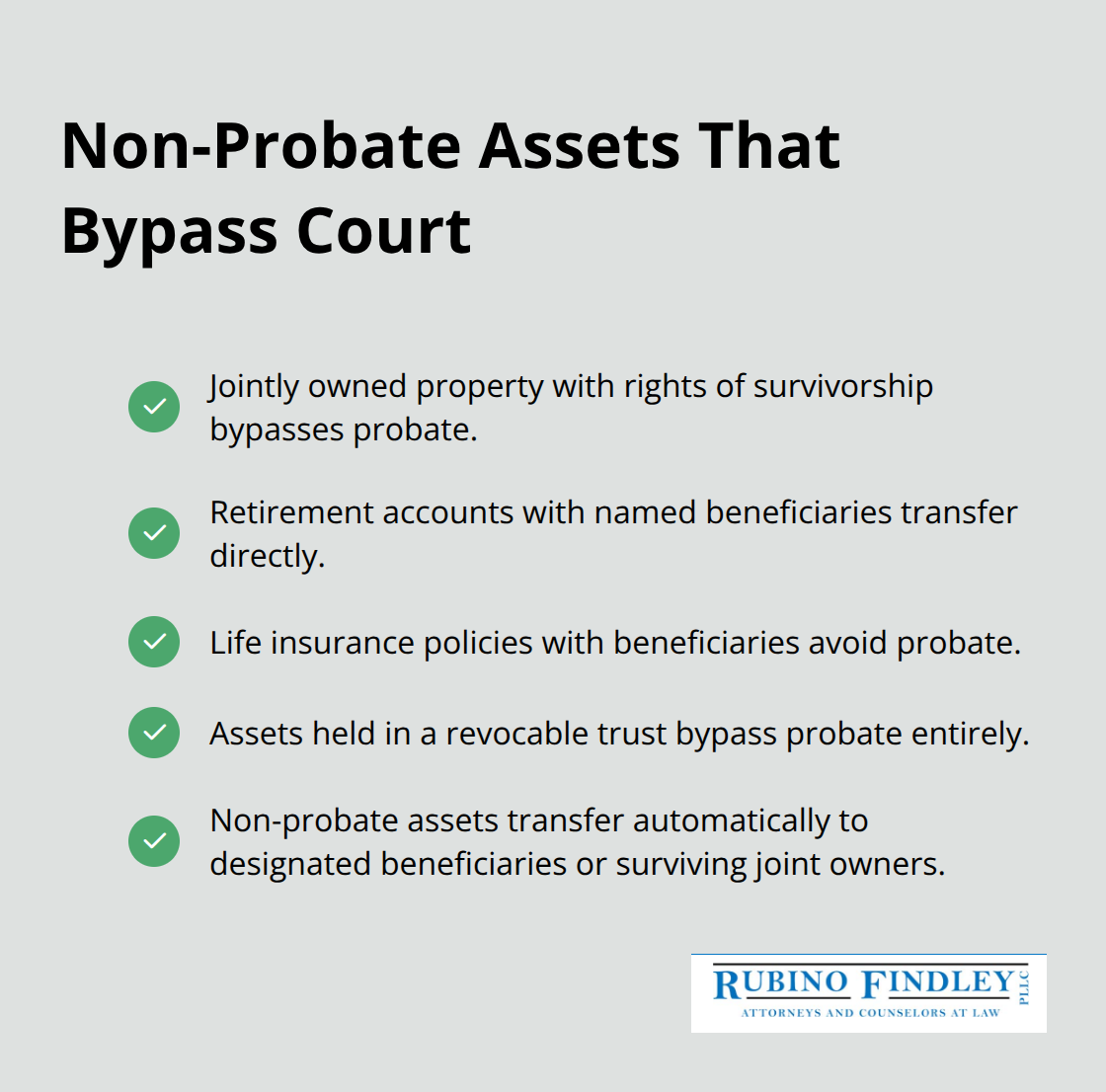 Checklist of asset types that bypass Florida probate through beneficiary designations, joint ownership, or trusts. - administration probate law
