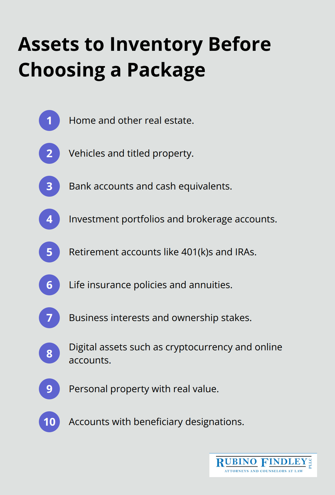Checklist of key asset categories to inventory for Florida estate planning. - estate planning package