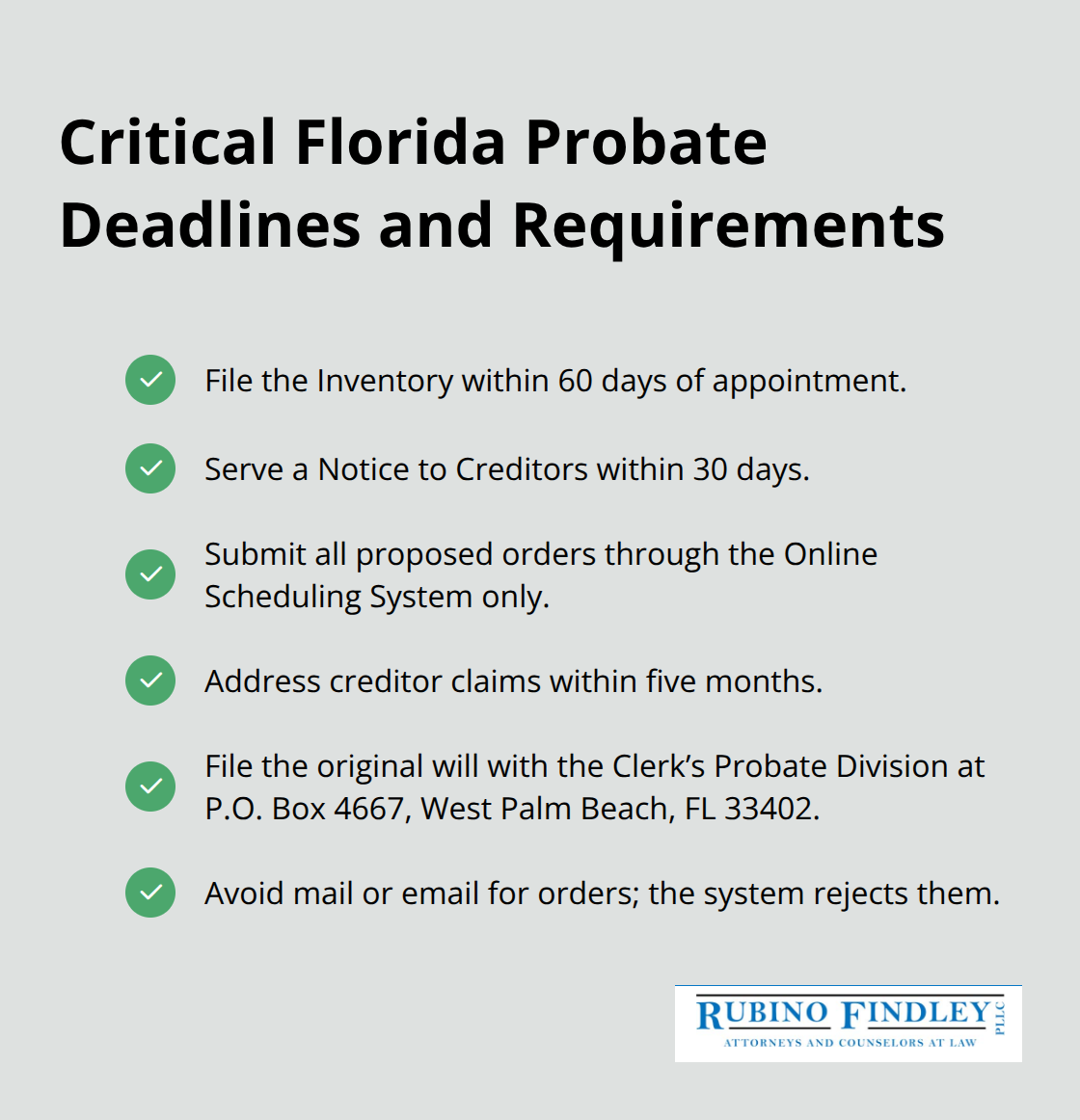 Key filing deadlines and submission rules that keep a Palm Beach probate on track - probate administration attorney