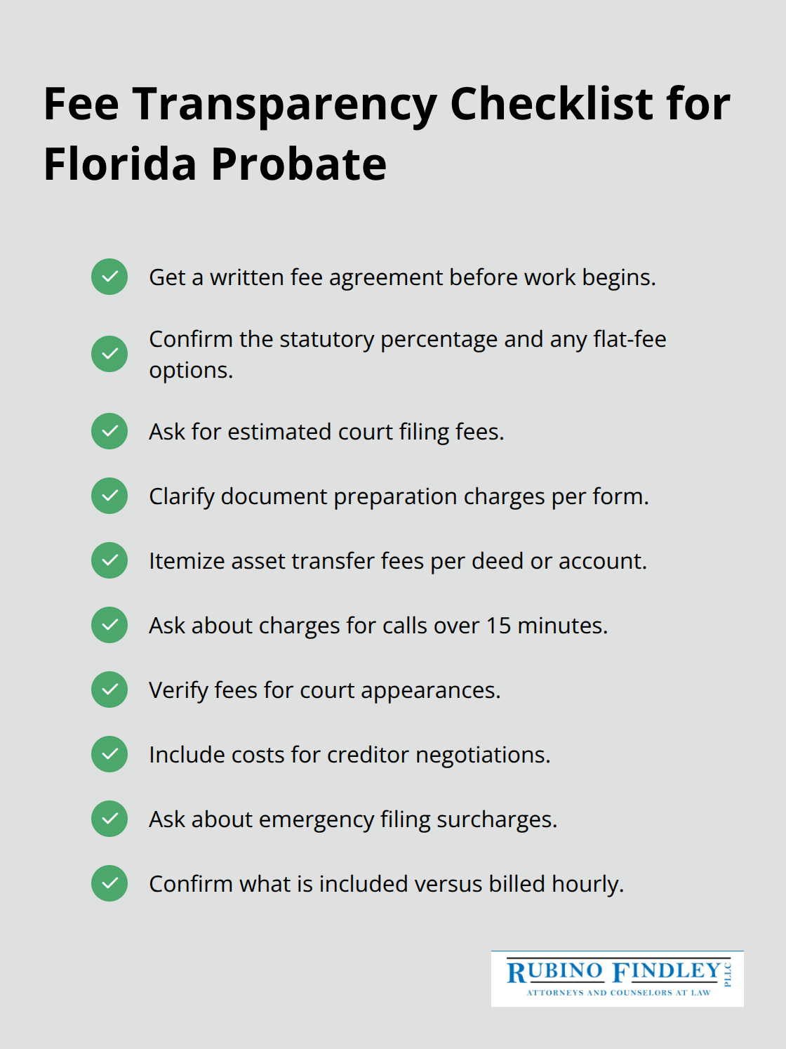 Checklist of common Florida probate fees to confirm in writing - probate administration lawyer