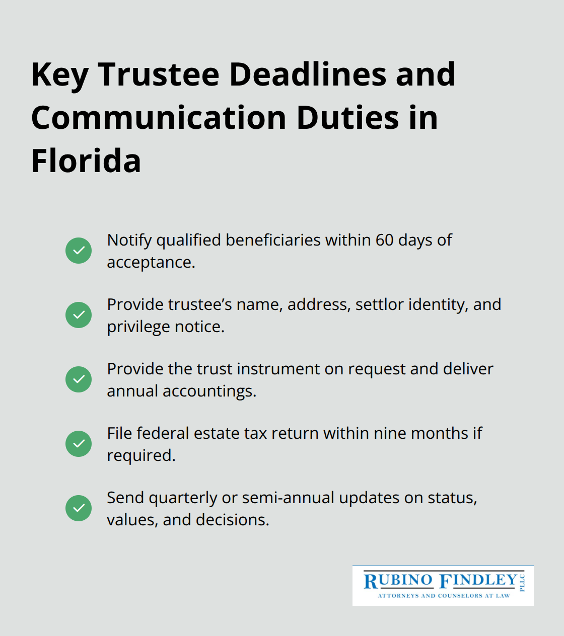 Checklist of Florida trustee notice, accounting, tax, and update timelines. - probate trust administration