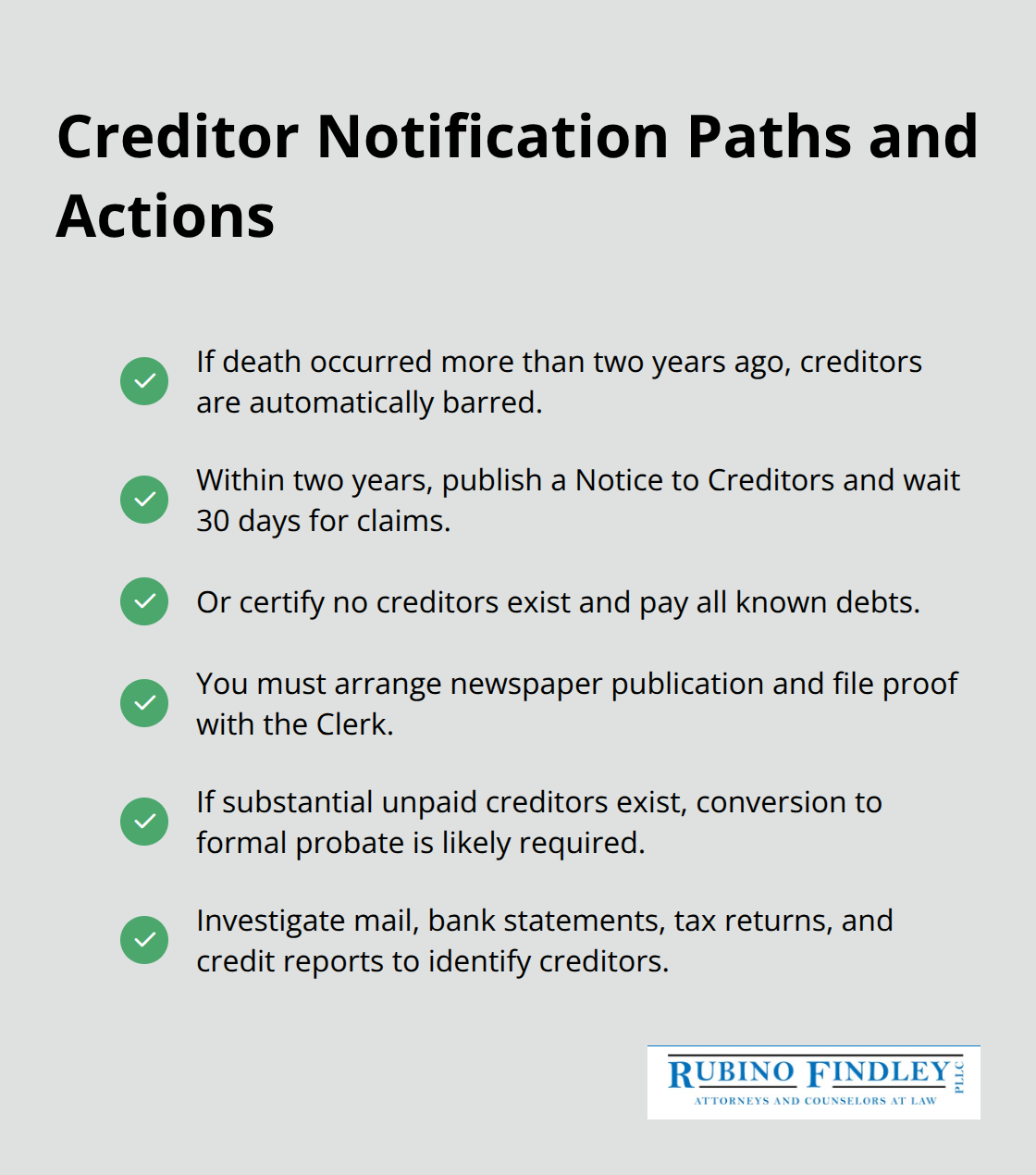 Checkmark list summarizing creditor rules and options in Florida summary administration